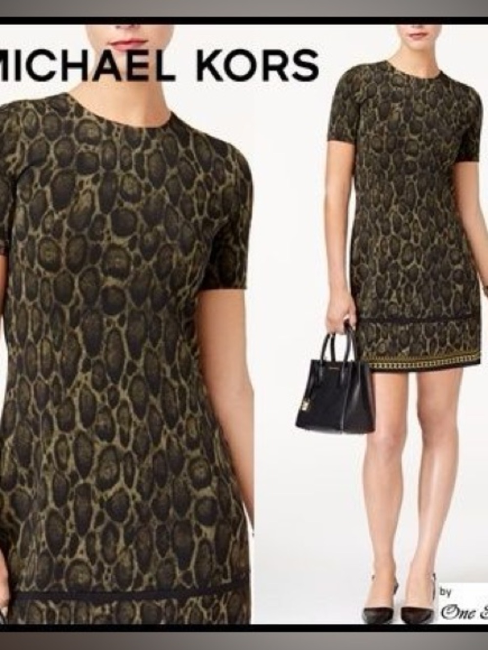 Michael Kors Olive & Black Snake-Print Short Sleeve Shift Dress